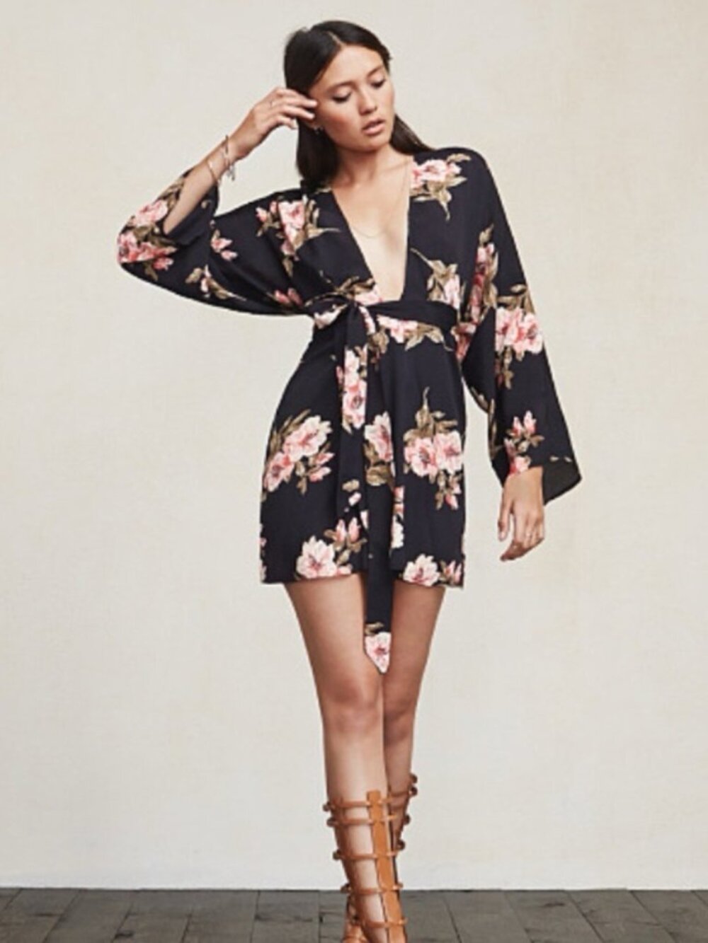 Reformation Fuji Mini Kimono Dress in Black Floral